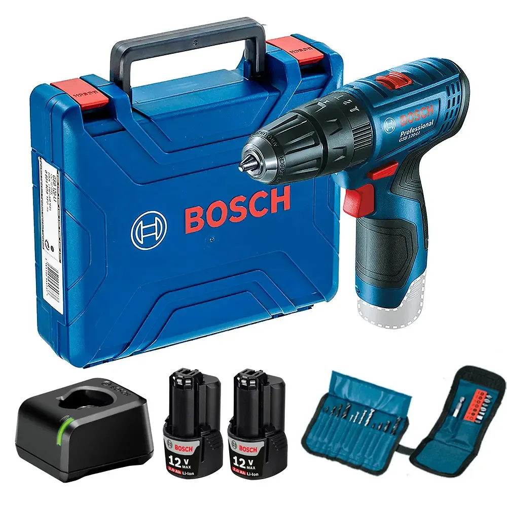 Taladro Percutor Bosch Gsb 120 Li 12v + 23 Accesorios + 2 Baterías Color Azul