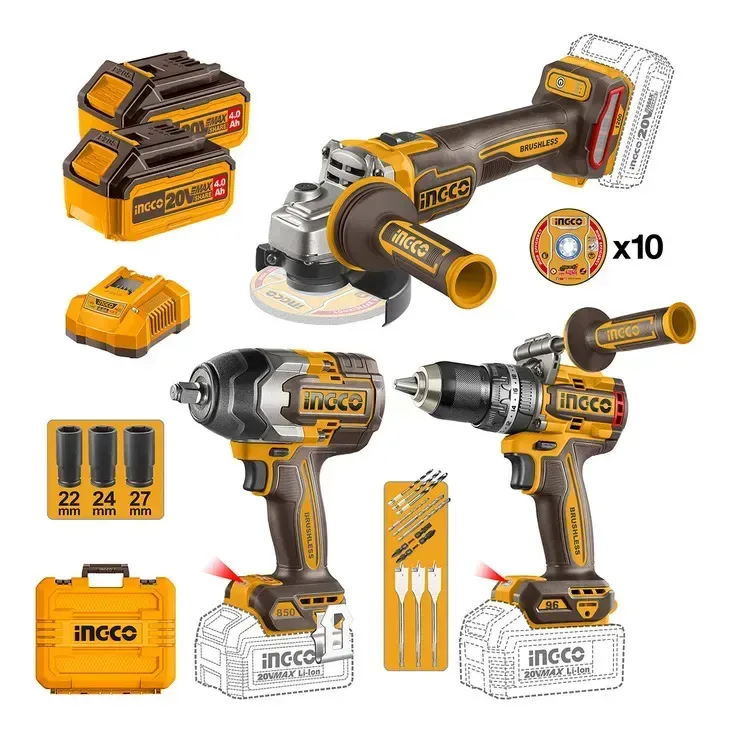 Set Ingco Taladro Pe+ Pistola De Impacto + Esmeril +2bat