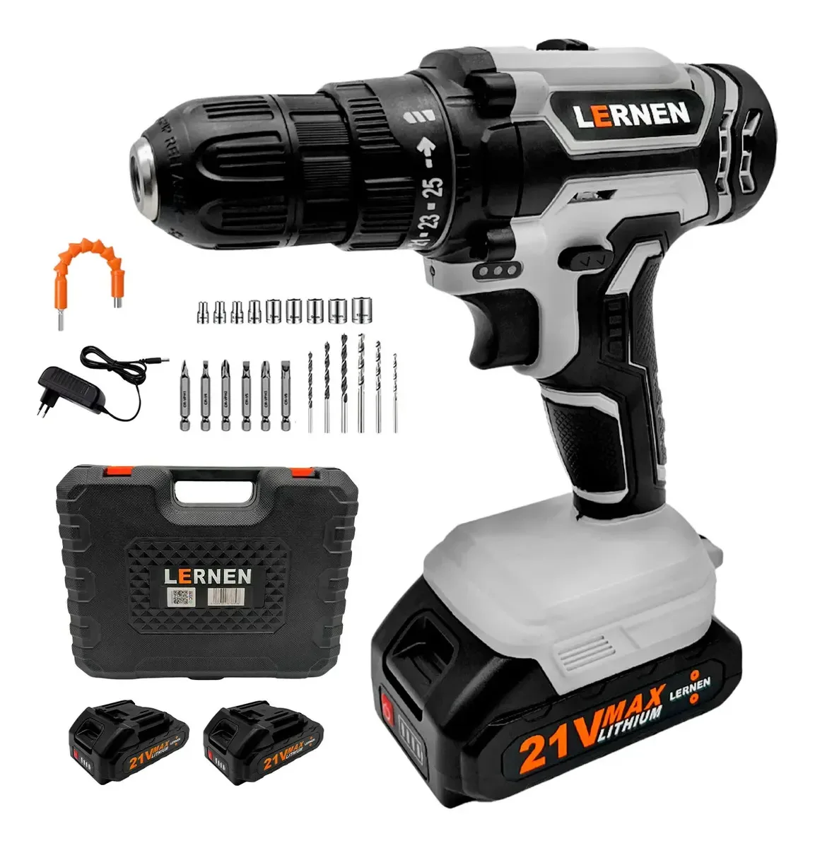 Kit Taladro Destornillador Inalámbrico Lernen 21v + 2 Baterías Color Gris