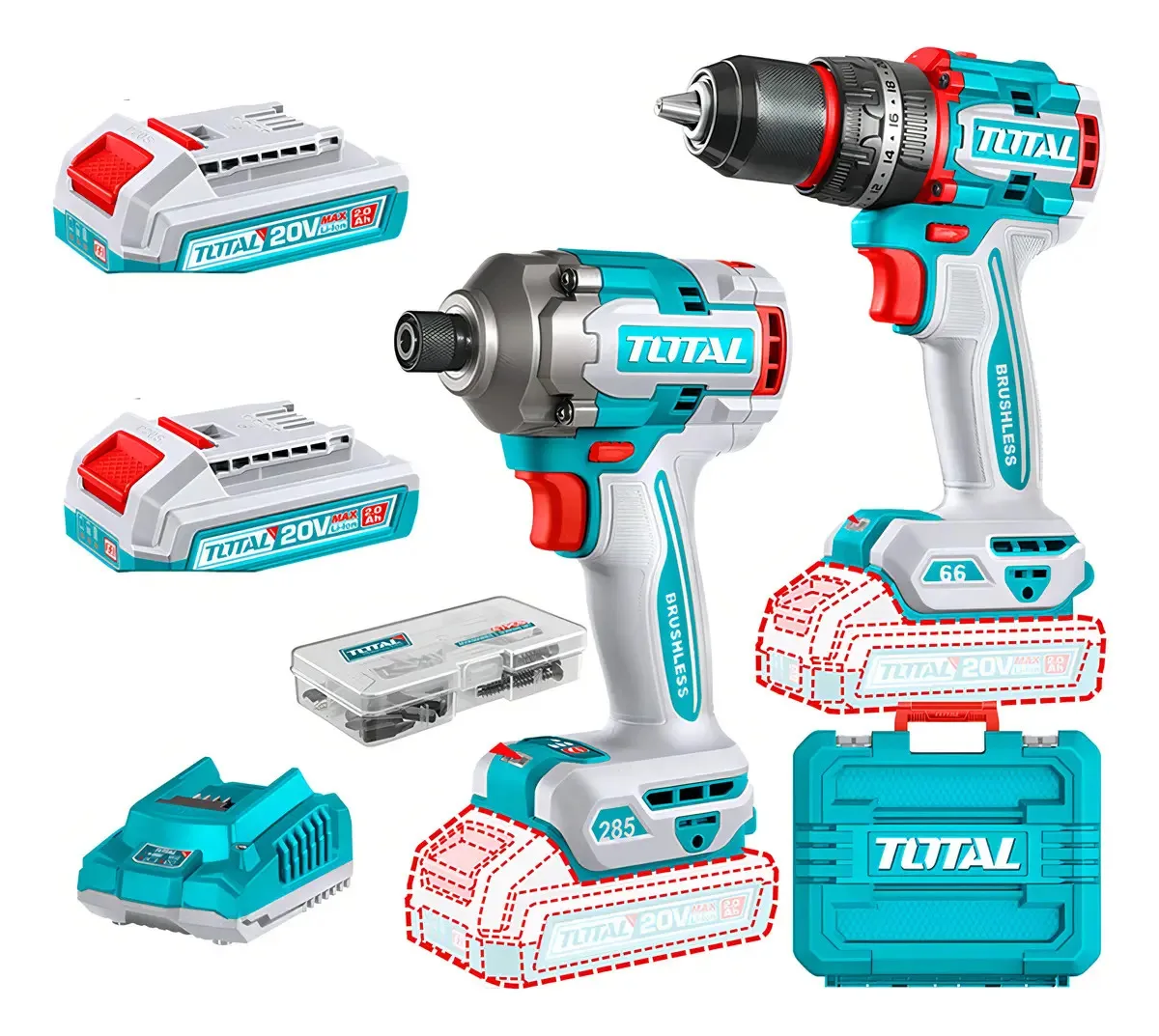 Kit Atornillador De Impacto+ Taladro 20v 2bat+ Carg Total