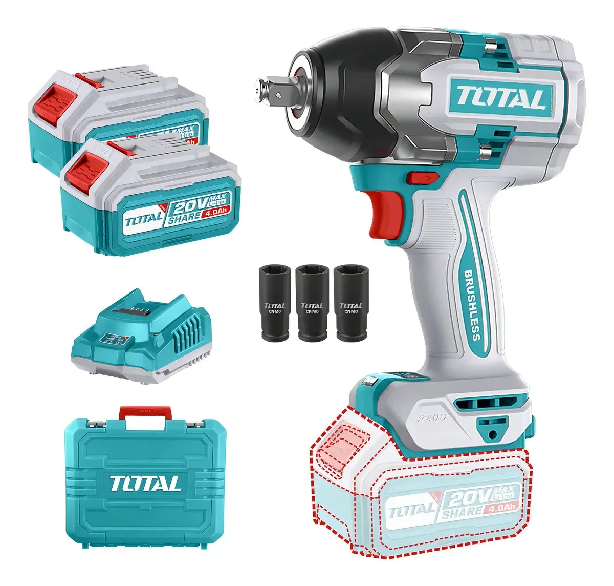 Llave Imp 850nm Industrial Brushless + 2 Bat 4a + Carg Total Color Turquesa Frecuencia 50/60hz