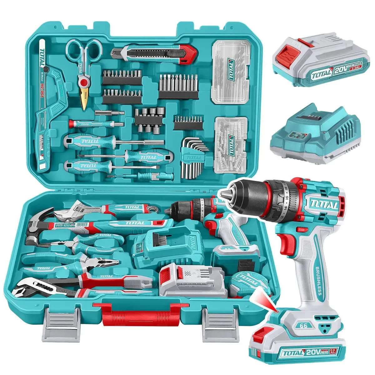 Set 166 Piezas Total: Taladro Percutor Y Atornillador 20v 66nm Sin Carbones + Herramientas Manuales, Con Batería 2.0ah, Cargador,y Maletín - Thkthp41667